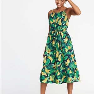 Tie-Belt Square-Neck Banana-Print Midi Dress